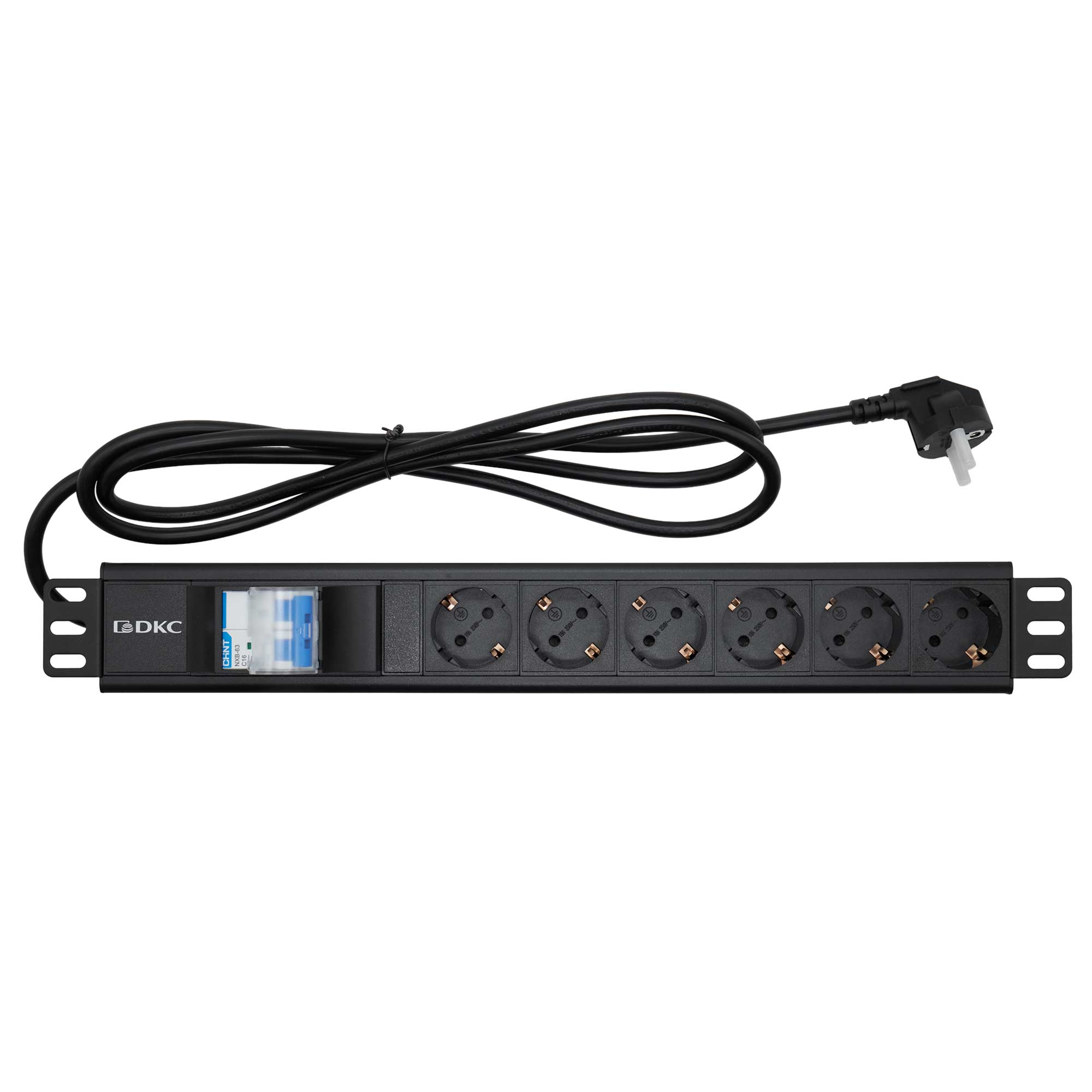 Горизонтальные блоки распределения питания Блок распределения питания (PDU) 19" 16A с автоматом 2P, Вых:6 Schuko, Вх:Schuko DKC|ДКС