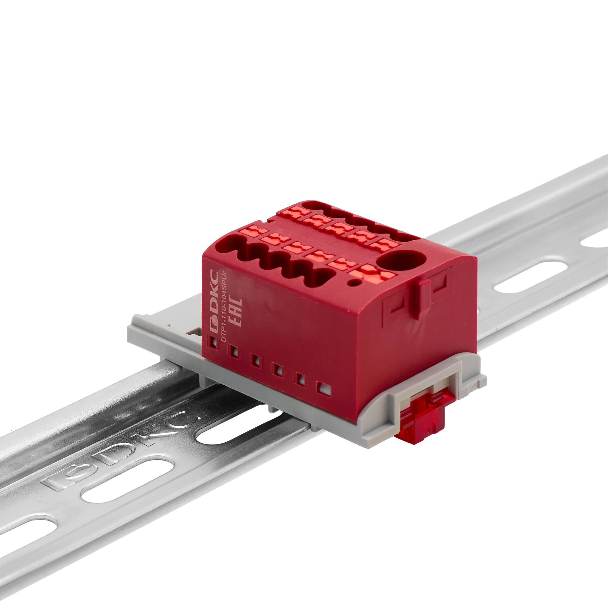 Блок распределительный с верт. адаптером на рейки шириной 15/35мм, зажим push-in, 1 ввод 6 кв.мм, 10 точек подключения 2,5 кв.мм, красный