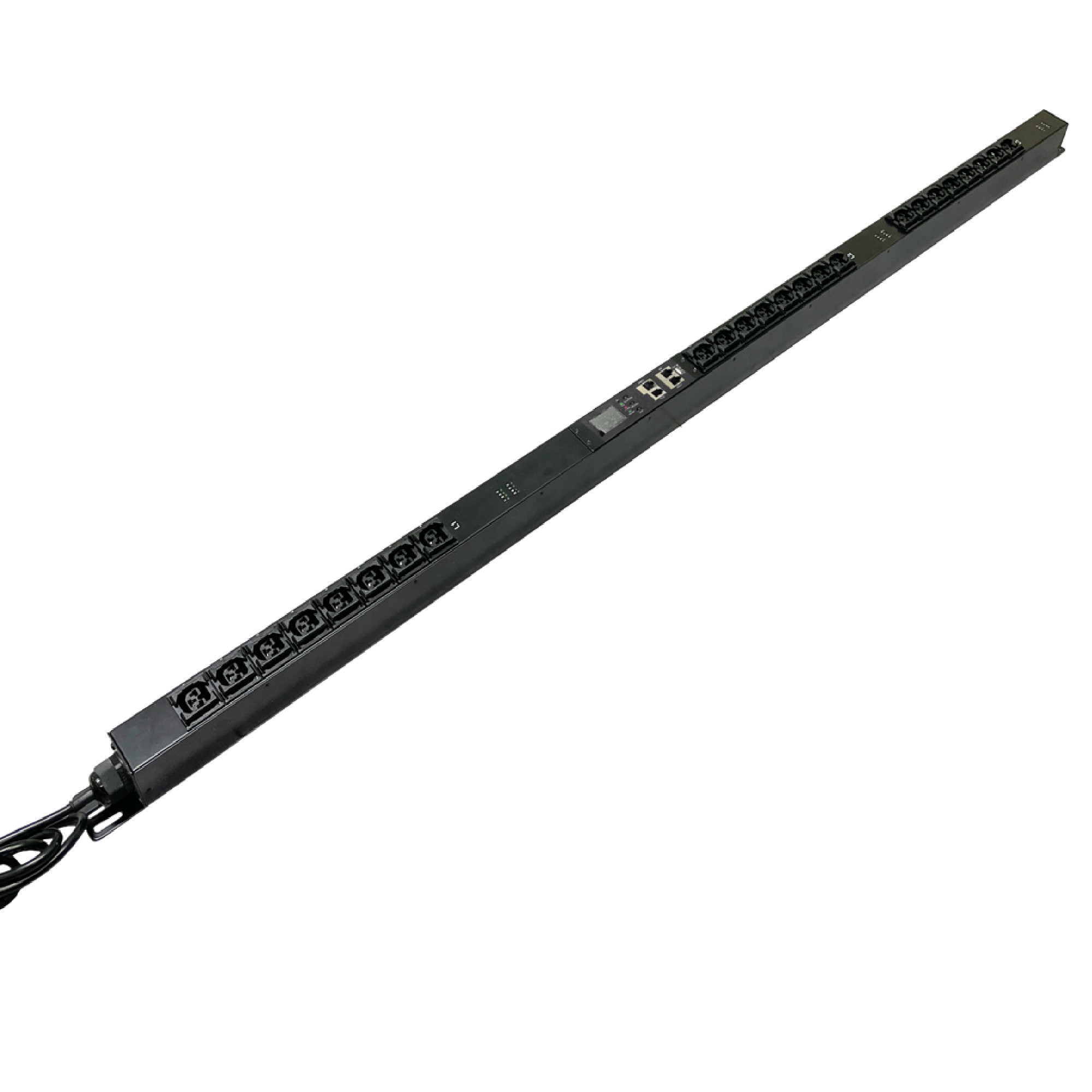 Вертикальные (Smart) блоки распределения питания Блок распределения питания вертикальный 0U 32A с измерением температуры и влажности воздуха, индикацией и мониторингом по каждому банку 16А, трехфазный Вых:42ХС13/С19 Вх:IEC309Х3м DKC|ДКС