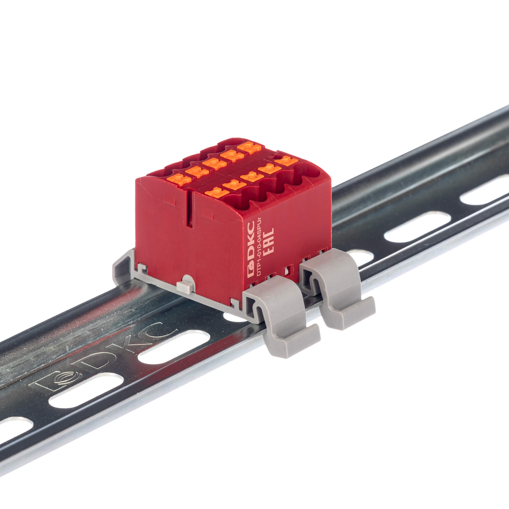 Блок распределительный с гориз. адаптером на рейку шириной 35мм, зажим push-in, 10 точек подключения 2,5 кв.мм, красный
