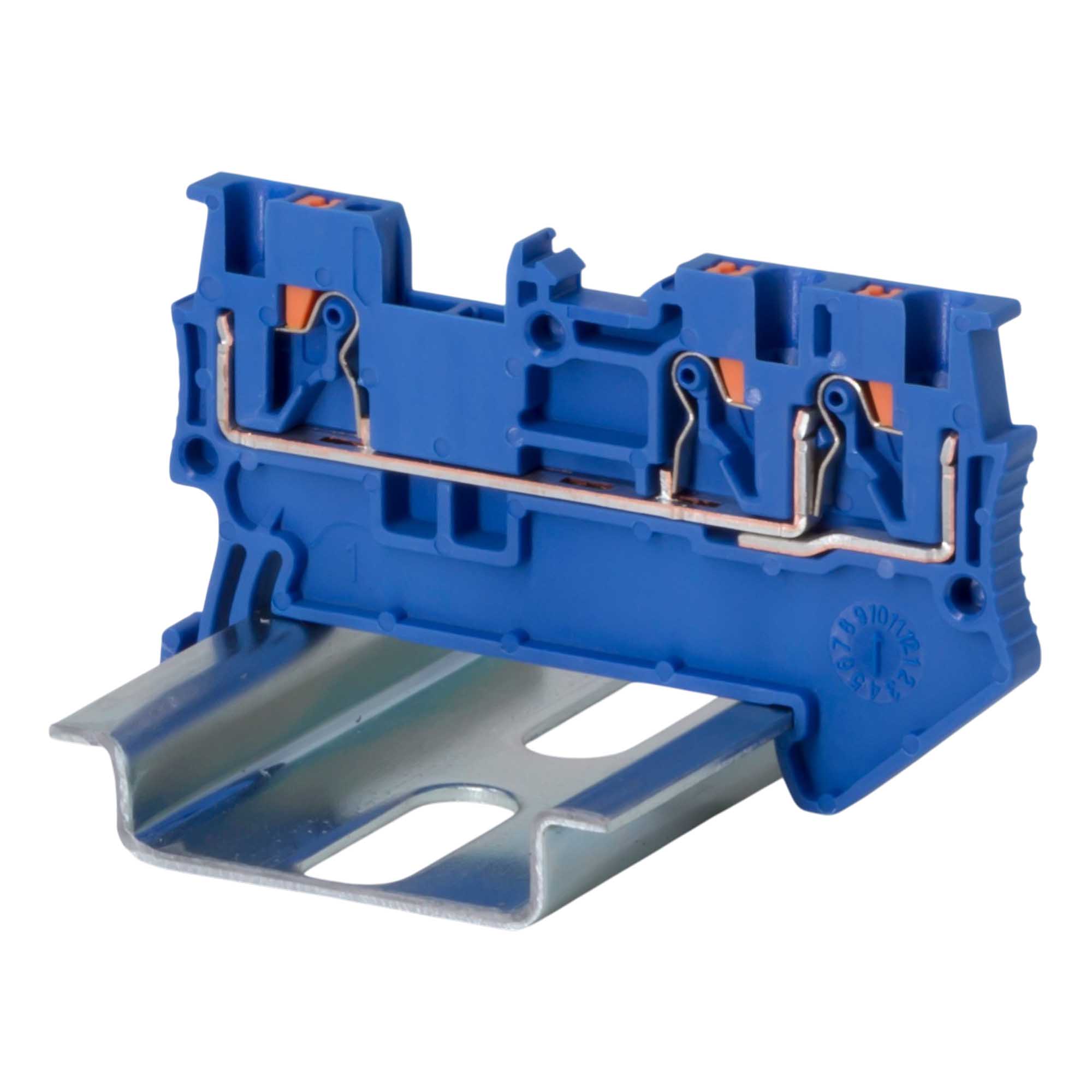 Клемма проходная, зажим push-in, 3 точки подключения, 1.5 кв.мм, синяя