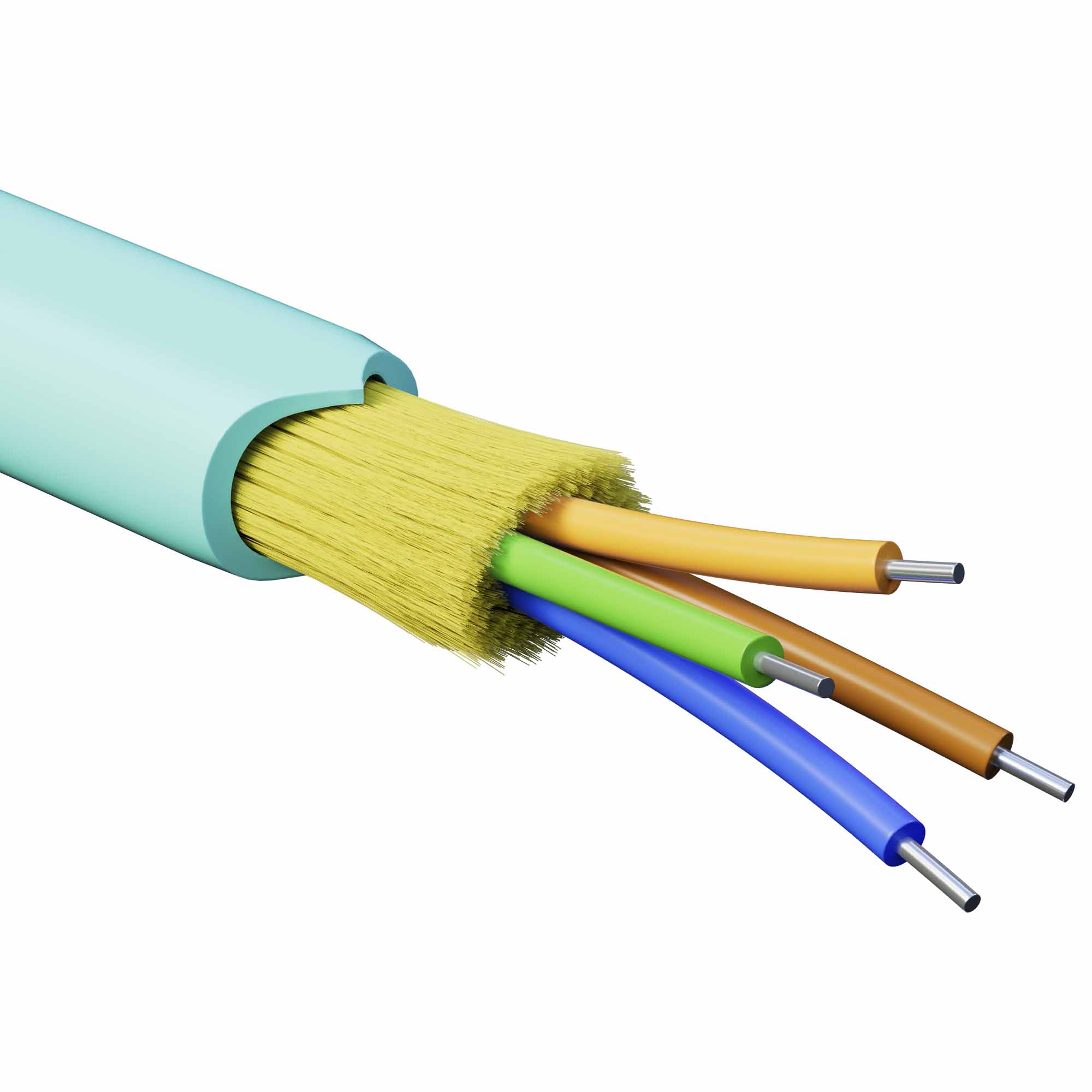 Кабели для внутренней прокладки с волокнами ОМ3 Кабель волоконно-оптический, распределительный, арамидные упрочняющие нити, для внутренней прокладки, нг(А)-HF, 4 ОВ, категория OM3 (G.651.1) плотный буфер, 0,4 кН, барабан 2000 м DKC|ДКС