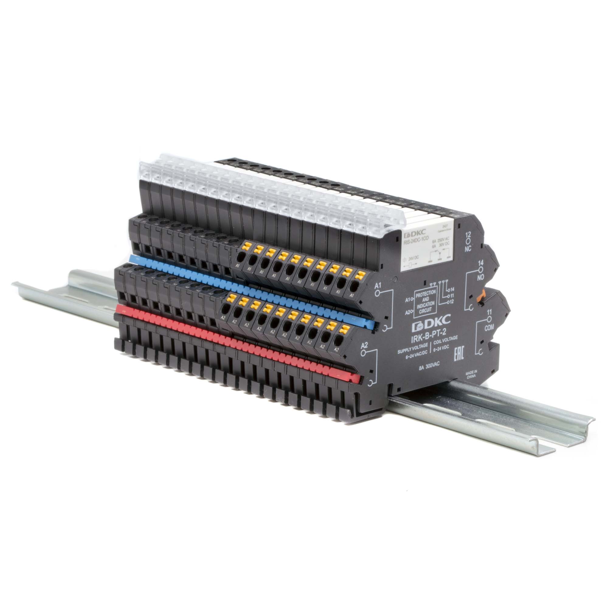 Реле интерфейсное, 1CO, ком. ток 6А, AgSnO₂, напряжение 230V AC/DC, RC-цепь, push-in клеммы.