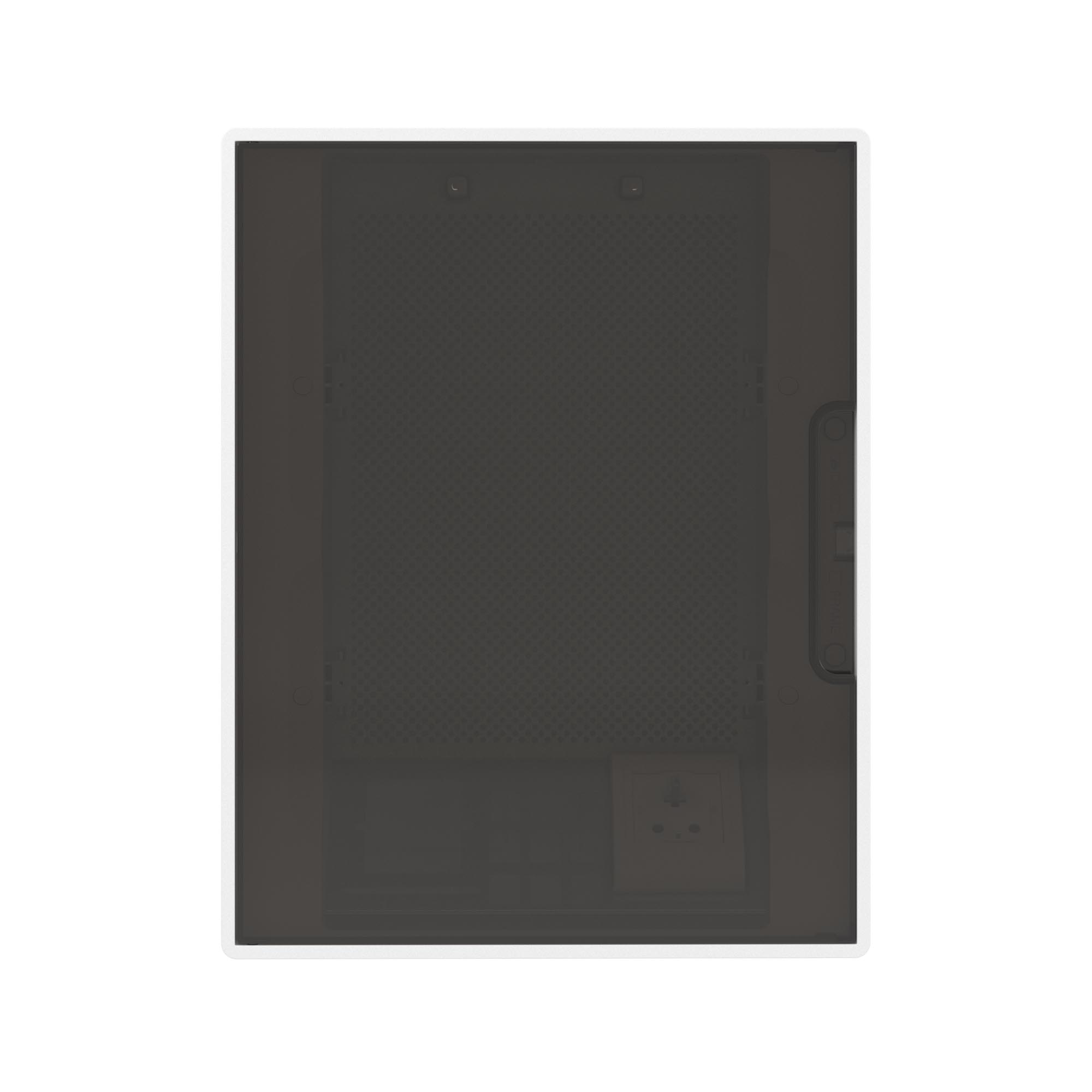 Щиток 24 мод настенный слаботочный Фрейм (FRAME), белый, с тонированной дверцей,  с монтажной платой, 1 розеткой (арт. 76482B) и установочной рамкой