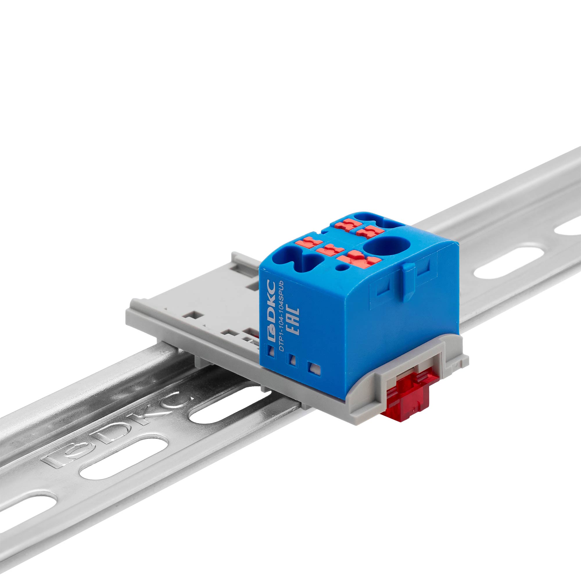 Блок распределительный с верт. адаптером на рейки шириной 15/35мм, зажим push-in, 1 ввод 6 кв.мм, 4 точки подключения 2,5 кв.мм, синий