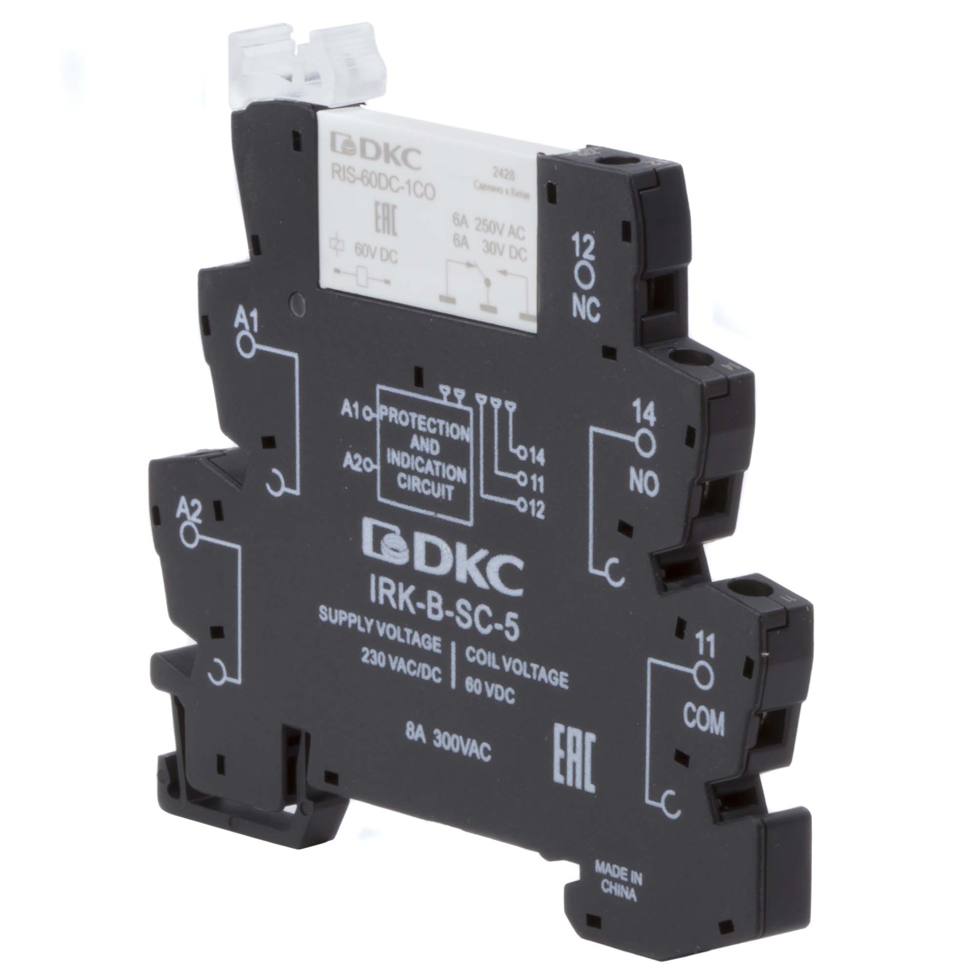 Реле интерфейсное, 1CO, ком. ток 6А, AgSnO₂, напряжение 230V AC/DC, RC-цепь, винтовые клеммы.