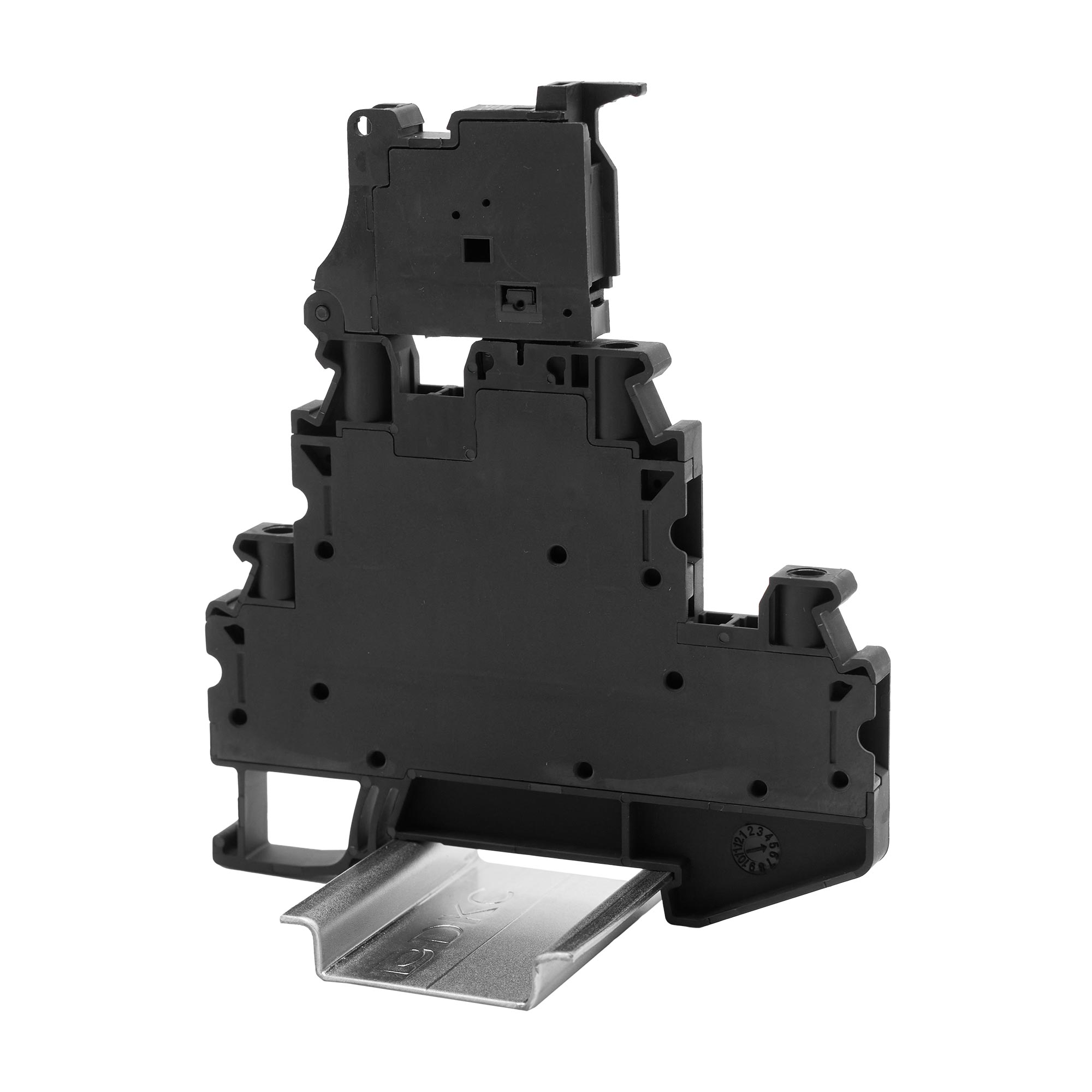 Клемма двухуровневая, верхний уровень для предохранителя, индикация 250В, нижний -проходной, винтовой зажим, 4 точки подключения, 4 кв.мм