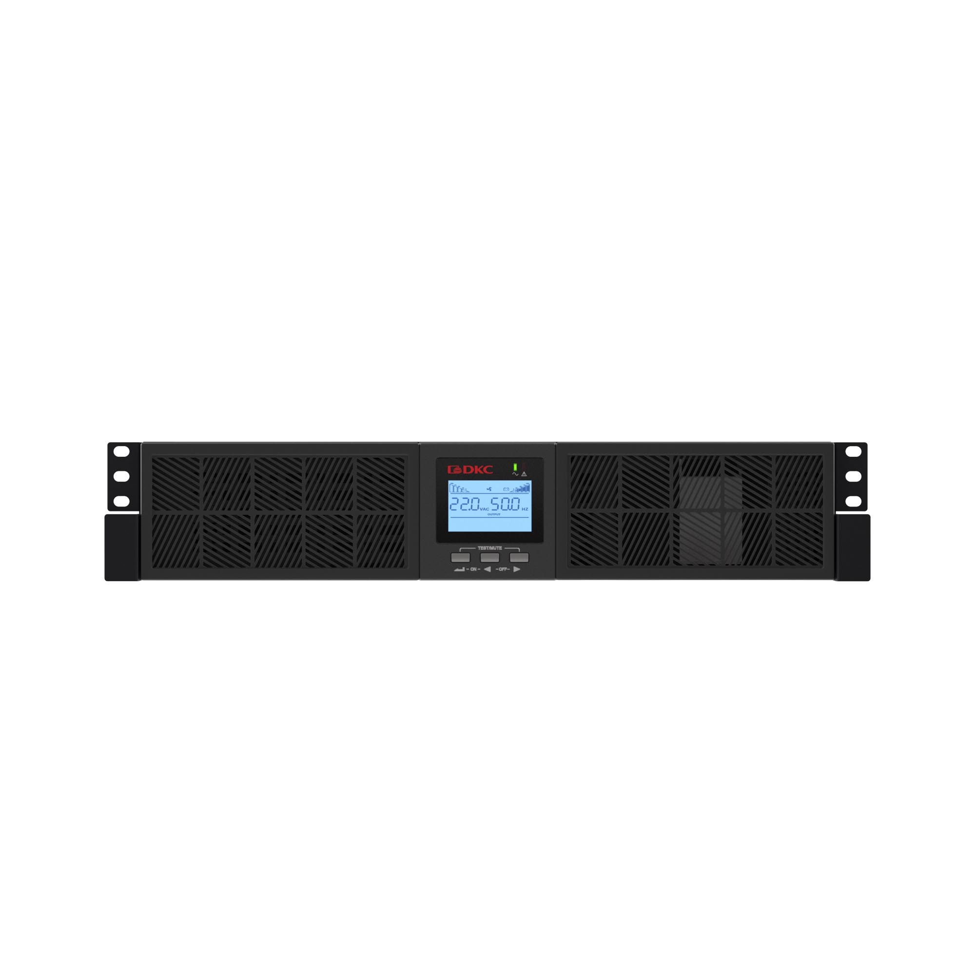 Онлайн ИБП ДКС серии Смолл Рэкмаунт (Small Rackmount), 3000 ВА/2700 Вт, 1/1, 6xIEC C13, 1хIEC C19, EPO, USB, RS-232, Rack 2U, з/у 6А, без АКБ