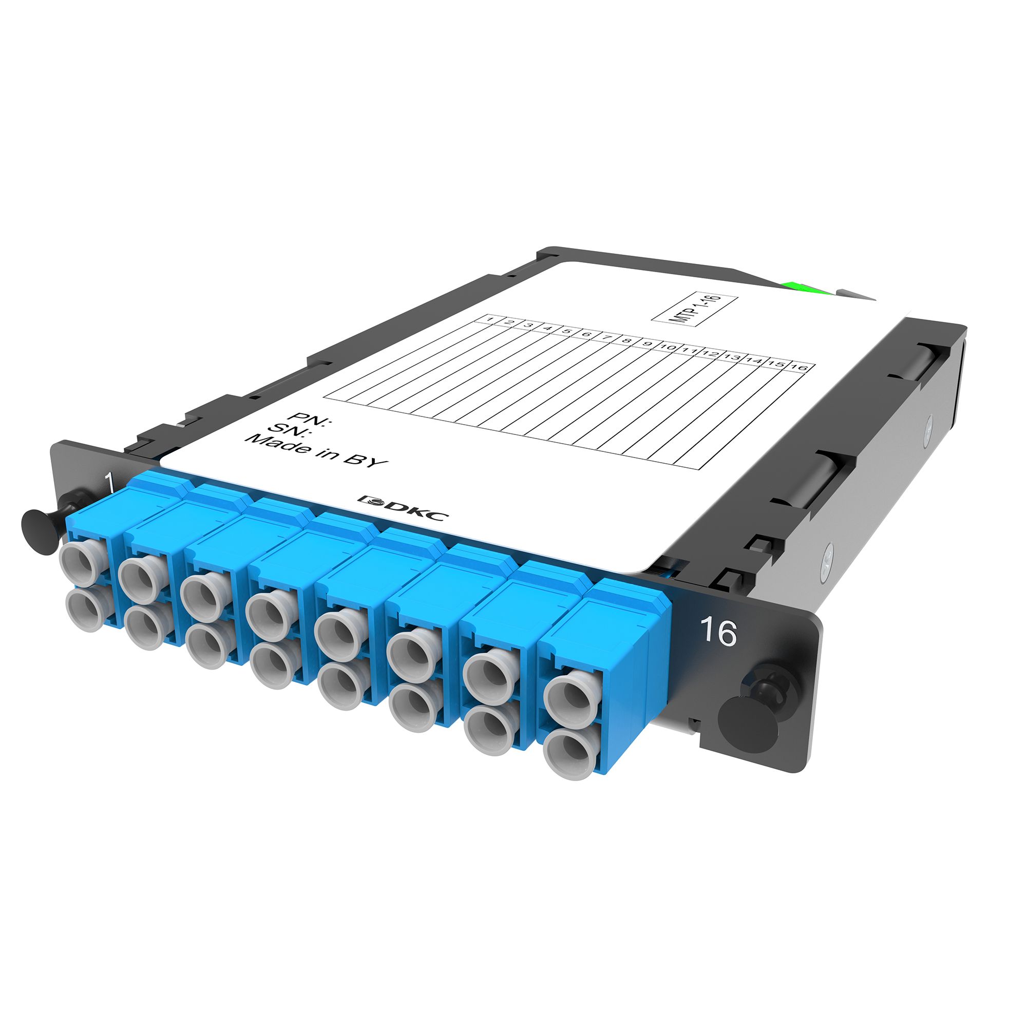 Оптические претерминированные кассеты Претерминированная кассета 16 ОВ, OS2, 1xMTP(16)f/8xLC-UPC двухволоконный (Duplex), 1/2HU DKC|ДКС