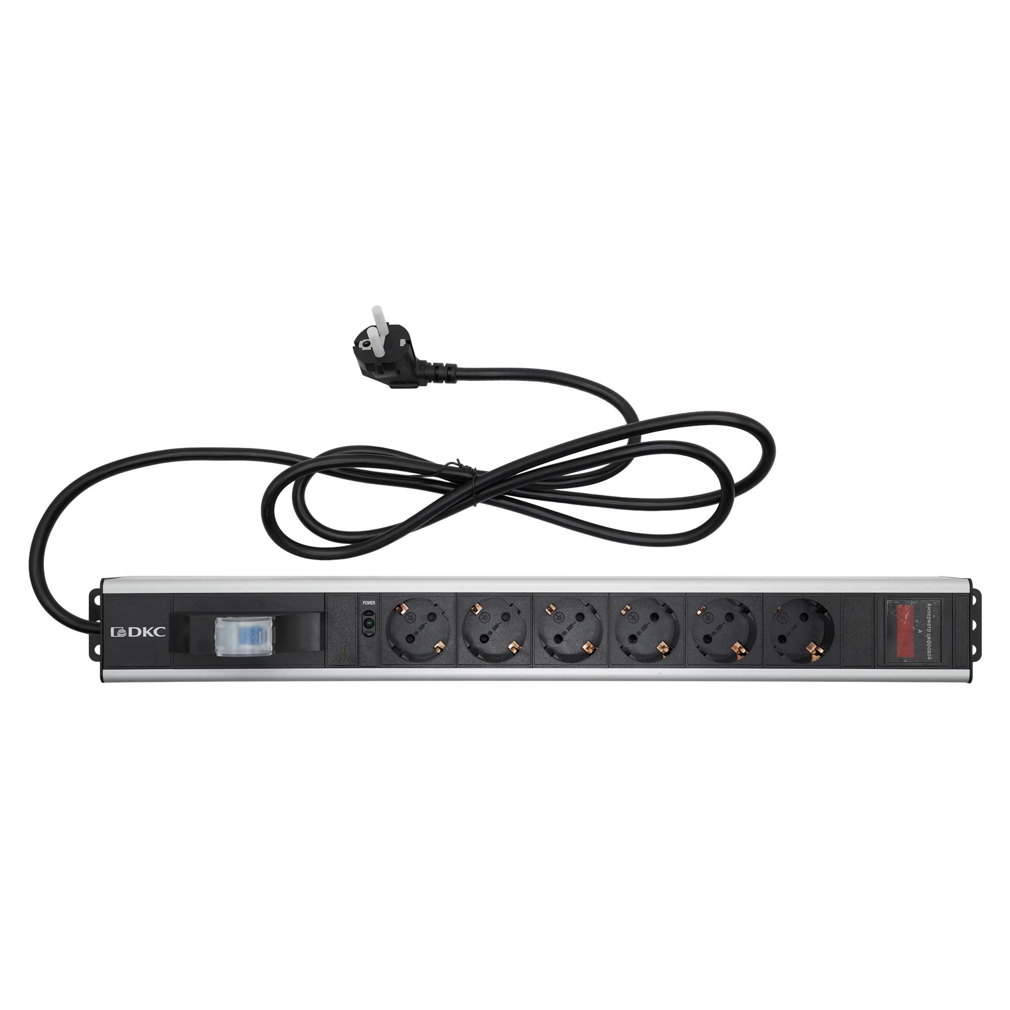 Вертикальные блоки распределения питания Блок распределения питания (PDU) 0U, 16A c автоматом 1P и амперметром, Вых:6 Schuko, Вх: Schuko DKC|ДКС